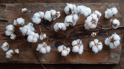 Delicate white cotton flowers laid out on a rustic wooden board