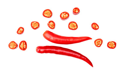 Top view set of red chili pepper or cayenne pepper isolated with clipping path in png file format