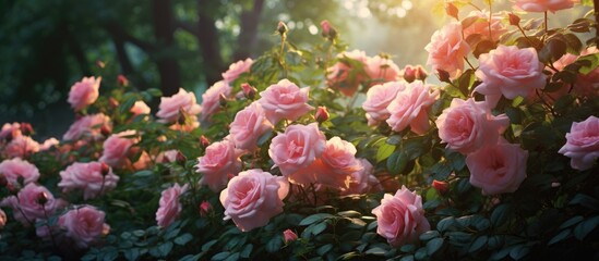 A beautiful shrub of pink garden roses, with the sun shining through the leaves, creating a stunning display of color in the garden - obrazy, fototapety, plakaty
