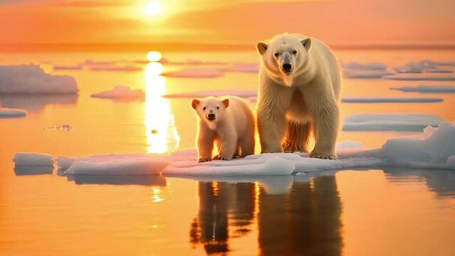 Polar bears on melting ice in the Arctic sea. Melting polar ice caps, with a polar bear standing on a shrinking ice floe
