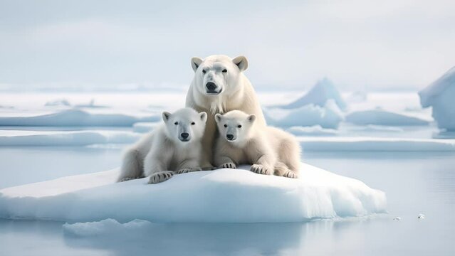 Polar bears on melting ice in the Arctic sea. Melting polar ice caps, with a polar bear standing on a shrinking ice floe