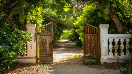 open wooden gate set within a white concrete fence, leading to a serene and lush garden pathway surrounded by various green plants and trees, illuminated by natural sunlight