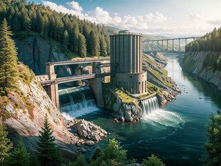 Jolie vue d'un impressionnant barrage hydroélectrique au milieu d'une vallée, joli fleuve, pont en arrière plan, ciel bleu nuageux, forêt  - obrazy, fototapety, plakaty