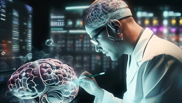Surgeon performs brain surgery using augmented reality, 3D animated brain. High tech hospital, advanced technology. Futuristic theme