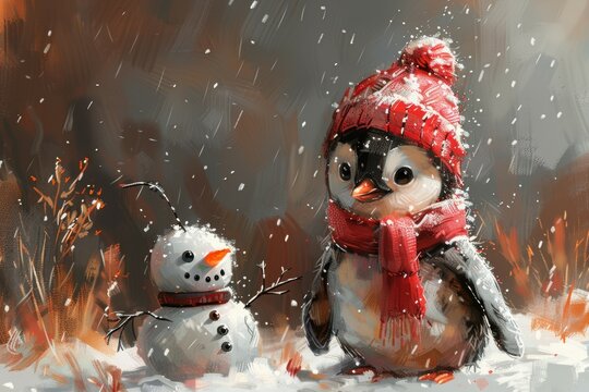 Cartoon penguin with a knitted cap and snowman