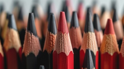 A striking image of a single red pencil standing out from a crowd of identical black pencils - obrazy, fototapety, plakaty
