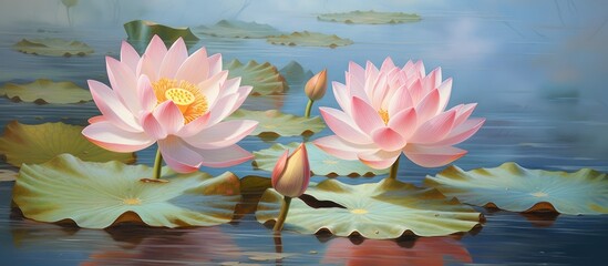 A serene natural landscape painting featuring three pink lotus flowers floating on lily pads in a...