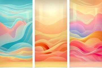 Set of colorful summer backgrounds with plastic stage and abstract wave landscape.