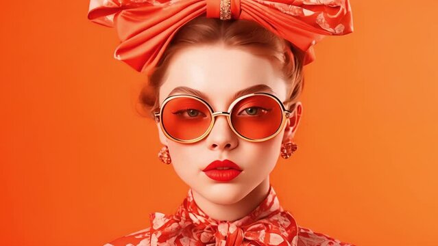 Beautiful blue eyed lady in unusual headband and red lipstick takes off sunglasses and poses on orange background