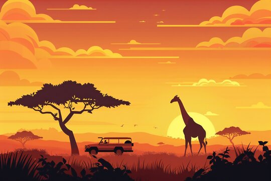 Beautiful African landscape at sunset with giraffes, trees and bushes and car safari. African landscape Sunset in Africa. Savannah silhouettes.
