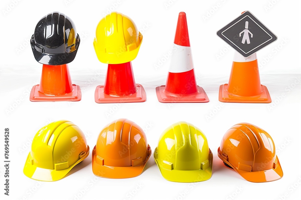 Wall mural Set of safety helmets or hard hats and traffic cones, road sign on white 