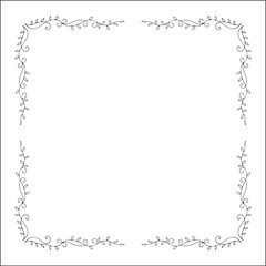 Elegant black and white vegetal ornamental frame, decorative border, corners for greeting cards, banners, business cards, invitations, menus. Isolated vector illustration.	