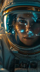 Young Female Astronaut With Reflective Visor, Gazing Intensely, Cosmic Particles, Detailed Helmet, Cool Tones, Human Space Flight. Vertical Banner. AI Generated