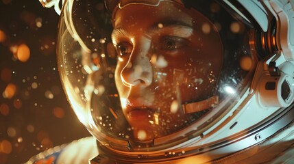Young Female Astronaut With Reflective Visor, Gazing Intensely, Cosmic Particles, Detailed Helmet, Warm Tones, Human Space Flight. AI Generated - obrazy, fototapety, plakaty