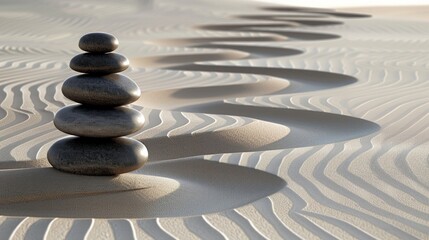A serene composition featuring smooth stones carefully arranged on sand with delicate lines
