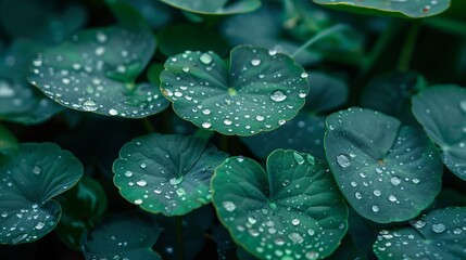 A detailed view of water droplets on the leaves of a gotu kola plant. - obrazy, fototapety, plakaty