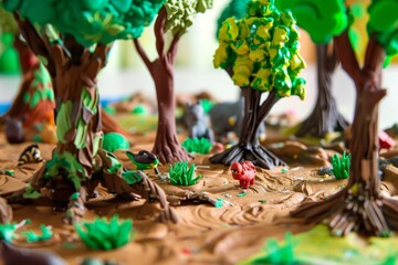 making a plasticine forest with trees and animals
