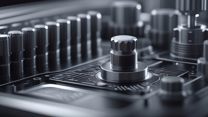 A monochrome photo of an audio mixer with a variety of knobs and buttons, showcasing advanced technology in audio equipment