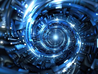Futuristic vortex tunnel of streaming data and video flux blue background,Generative ai