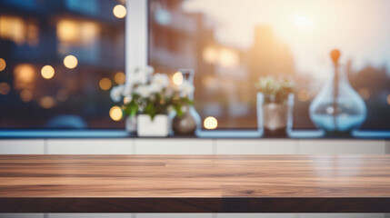 Wooden kitchen home table bokeh background, empty wood desk tabletop food counter surface product...