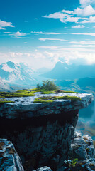 Stunning mountain landscape with a stone cliff looks like a podium. Travel and vacation concept. Vertical Banner