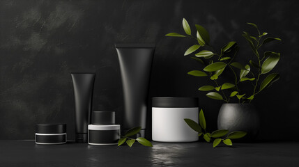 Cosmetic products in black and white packaging. In minimalist dark background and green plants. Cosmetology and skin care concept.
