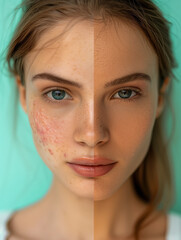 Portrait of a young adult woman before and after treatment for rashes and acne on her facial skin. Skincare and dermatology concept. Vertical Banner.