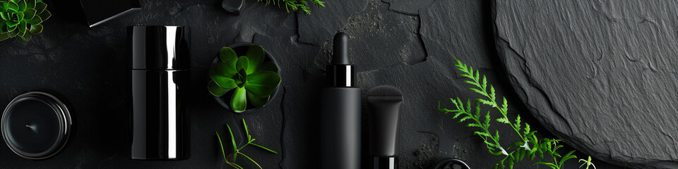 Banner Cosmetic products in black and white packaging. In minimalist dark background and green plants. Cosmetology and skin care concept.