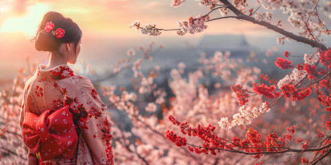 Young Japanese woman wearing traditional national dress during her stroll in blooming sakura garden on sunny spring day. Asian girl in kimono enjoying pink cherry blossom season. - obrazy, fototapety, plakaty