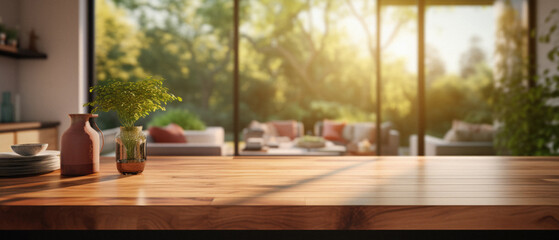 Wooden kitchen home table bokeh background, empty wood desk tabletop food counter surface product display mockup with blurry cafe abstract backdrop advertising presentation. Mock up, copy space .