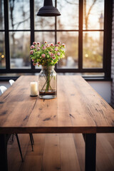 Fototapeta na wymiar Wooden home table bokeh background, empty wood desk cafe tabletop surface product display mockup with blurry living room or city abstract backdrop advertising presentation. Mock up, copy space .