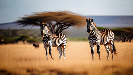 A group of zebras are in the grass. zebra's in Africa walking on the savannah. zebras in their habitat at sunset on safari - obrazy, fototapety, plakaty