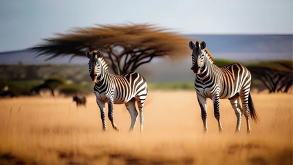Fotobehang A group of zebras are in the grass. zebra's in Africa walking on the savannah. zebras in their habitat at sunset on safari © Александр Ткачук