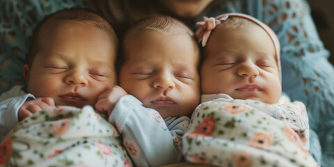 Newborn triplets being held by their mother in maternity ward after delivery. New mom welcoming her children into the world. Newborn babies after c-section surgery in delivery room. - obrazy, fototapety, plakaty
