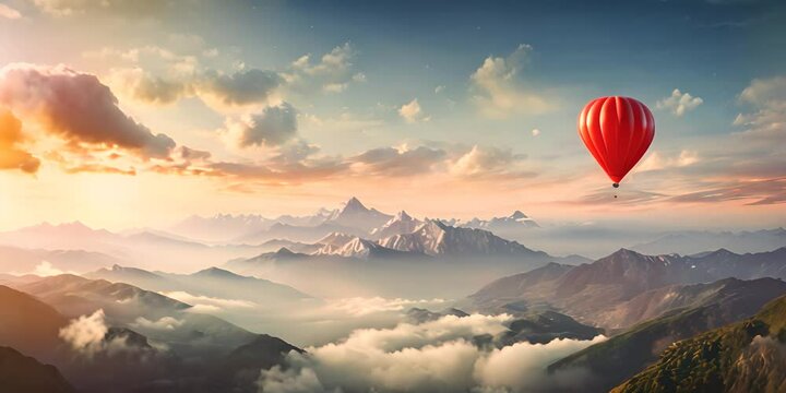 A red balloon flying over a mountain range in the sky. 4K Video