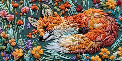 Detailed embroidery of baby fox with flower motifs, using colorful threads, beads and French knots. - 769550948