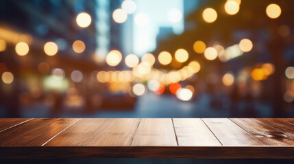 Wooden table bokeh city view background, empty wood desk tabletop counter surface product display mockup with blurry cityscape lights abstract backdrop presentation. Mock up, copy space .