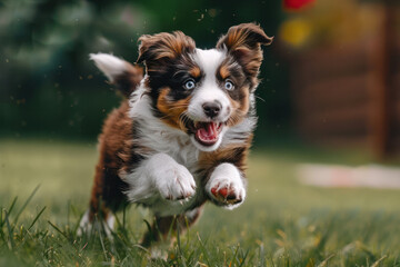 Energetic Aussie Puppy Running With Open Mouth in Green Grass