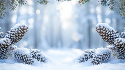 A snowy forest with pine trees and a snow-covered ground. The pine trees are covered in snow and are the main focus of the image. The scene has a peaceful and serene mood - obrazy, fototapety, plakaty