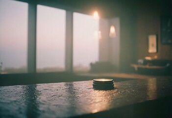 Sunrise city view from a spacious apartment with a kitchen isle.