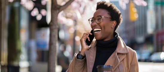 african american woman using mobile phone on the street smiling happy