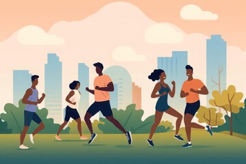 Fototapeta na wymiar A minimalist illustration features a diverse group of people jogging together in a park. The simplicity and camaraderie of outdoor fitness. The vitality and unity in staying active together.
