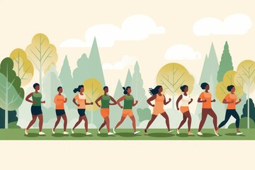 Obraz na płótnie Canvas A minimalist illustration features a diverse group of people jogging together in a park. The simplicity and camaraderie of outdoor fitness. The vitality and unity in staying active together.