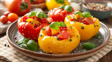 Three small tomato-filled bowls with basil on top. The bowls are on a plate with a white background