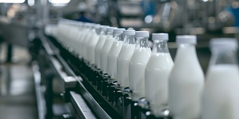 Automation in a modern factory: Fresh milk bottles on a conveyor belt awaiting packaging. Concept Factory Automation, Manufacturing Process, Conveyor Belt System, Milk Bottle Packaging