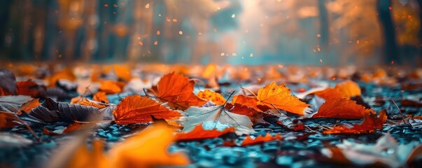 Autumn fallen leaves on road. - obrazy, fototapety, plakaty