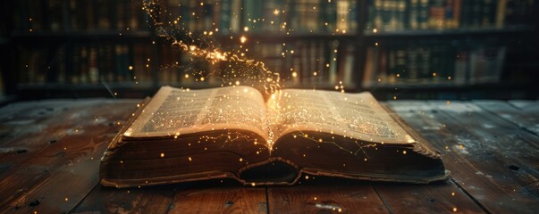 Old opened magic book sparkling lights and rays.