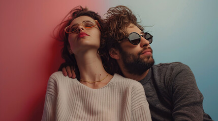 Young couple in casual clothing leaning back to back, with sunglasses, against a dual-tone background. Studio fashion photography with copy space. Modern relationship and style concept. Design for pos
