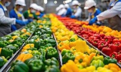 Food industry workers sorting colorful bell peppers