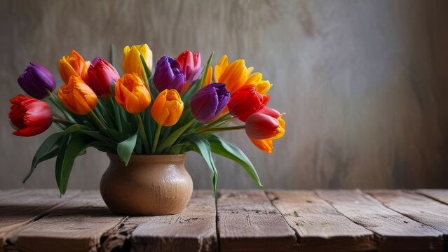 bouquet of colorful tulips in clay pot placed on rustic wooden table against textured background. concepts: emotional wellbeing, mental health awareness campaigns, home decor, spring awakening